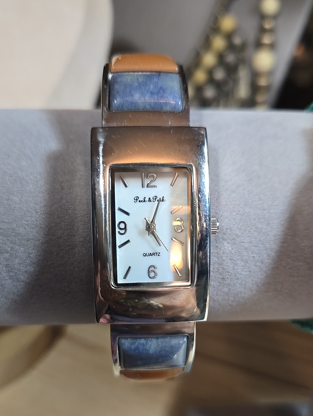 Peck & Peck Silver Tone Watch with Blue Inlay and White Dial